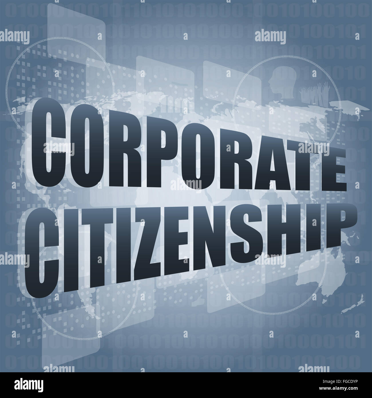 Corporate-Citizenship-Wörter auf dem digitalen Bildschirm mit Weltkarte Stockfoto