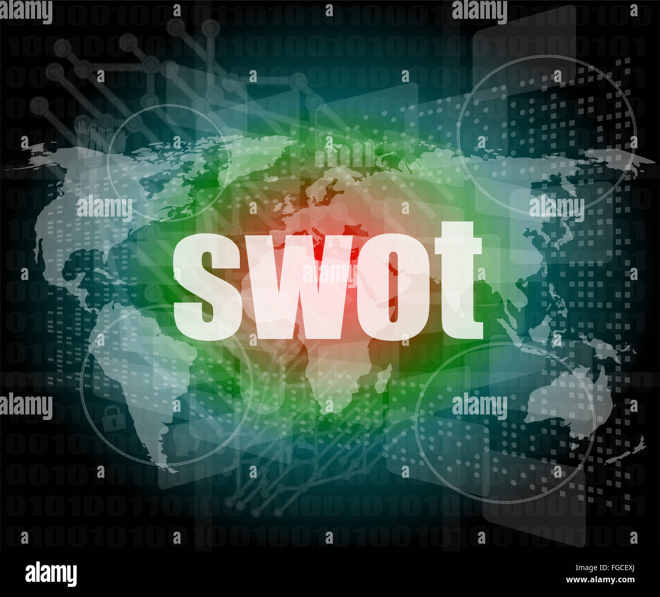 SWOT-Wort über Touch-Screen, moderne virtuelle Technik-Hintergrund Stockfoto