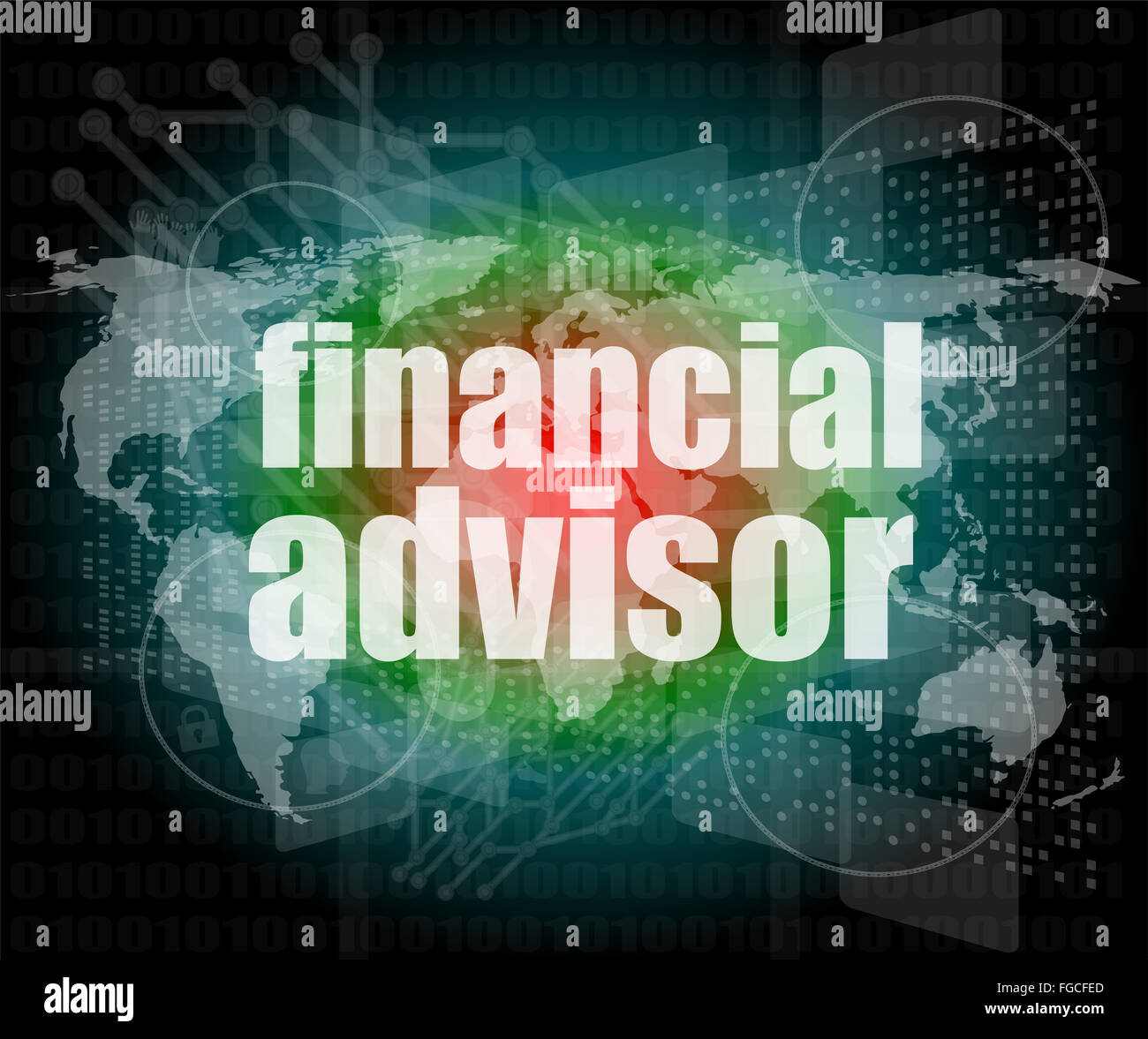Finanzberater-Wort auf dem digitalen Bildschirm, Missionskontrolle Hallo Interfacetechnik Stockfoto