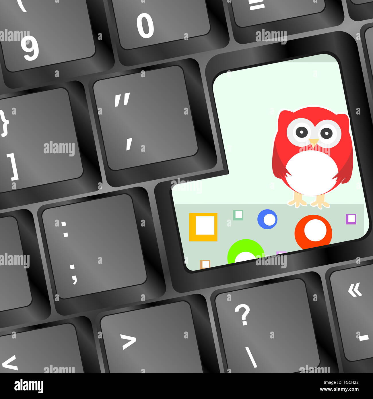 Eule auf Computer-Tastatur mit abstrakten Kreisen Stockfoto