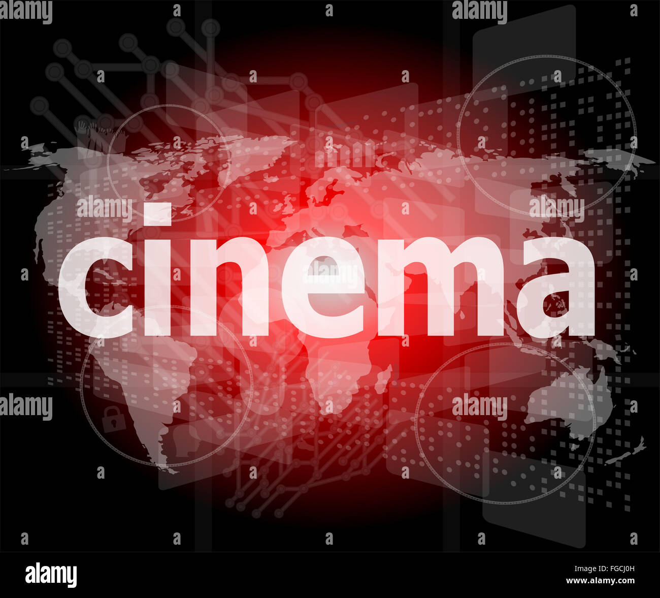 Kino-Wort auf dem digitalen Bildschirm mit Weltkarte Stockfoto