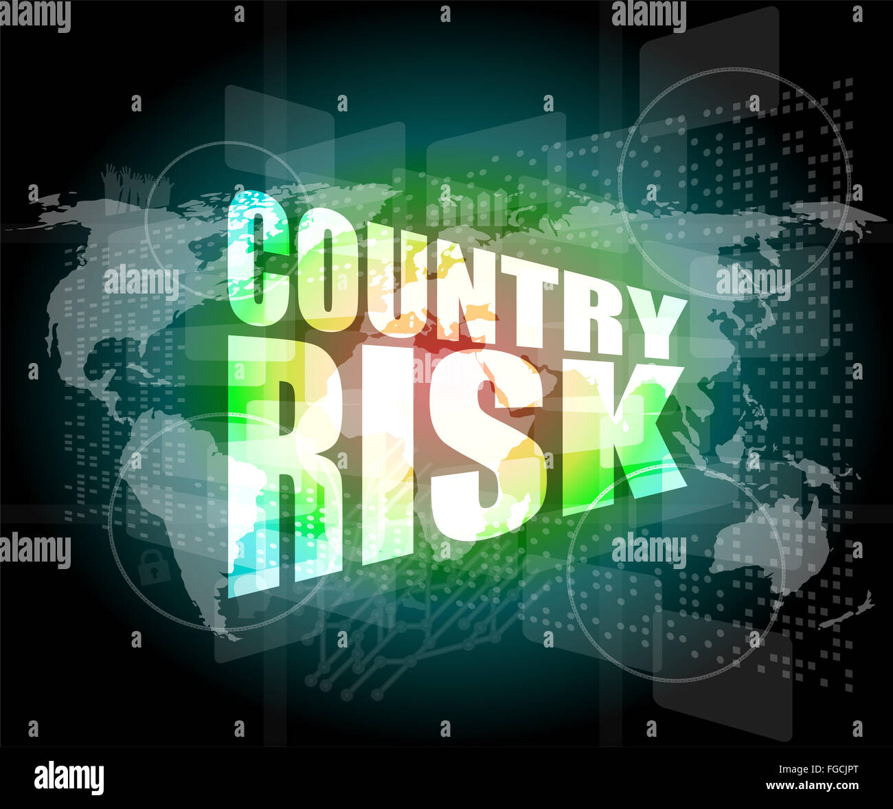 Land Risiko Wörter auf digitalen Bildschirm mit Weltkarte Stockfoto