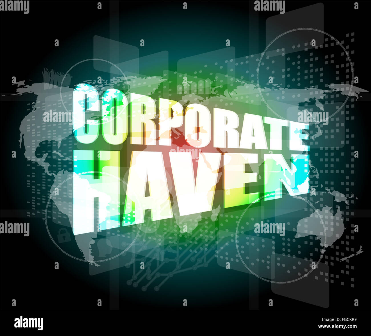 Corporate Oase Wörter auf digitalen Bildschirm mit Weltkarte Stockfoto