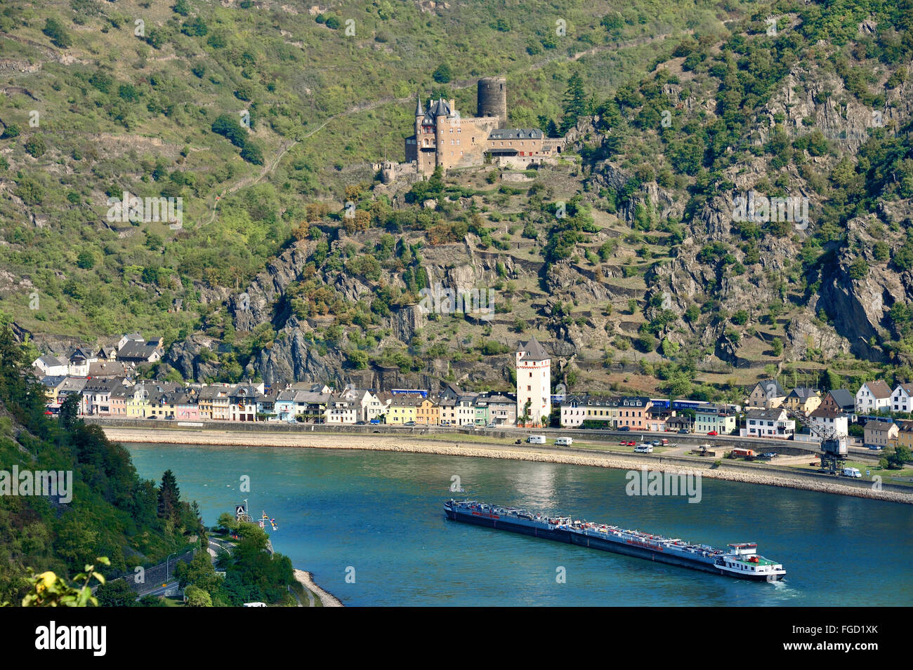 Burg Katz oben am Flussufer des Sankt Goarshausen, Stadt des Rheintals, Oberes Mittelrheintal, Deutschland Stockfoto