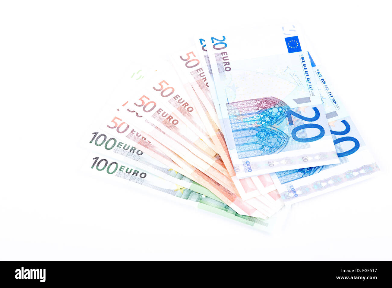 Bilder von Euro-Banknoten auf weißem Hintergrund Stockfoto