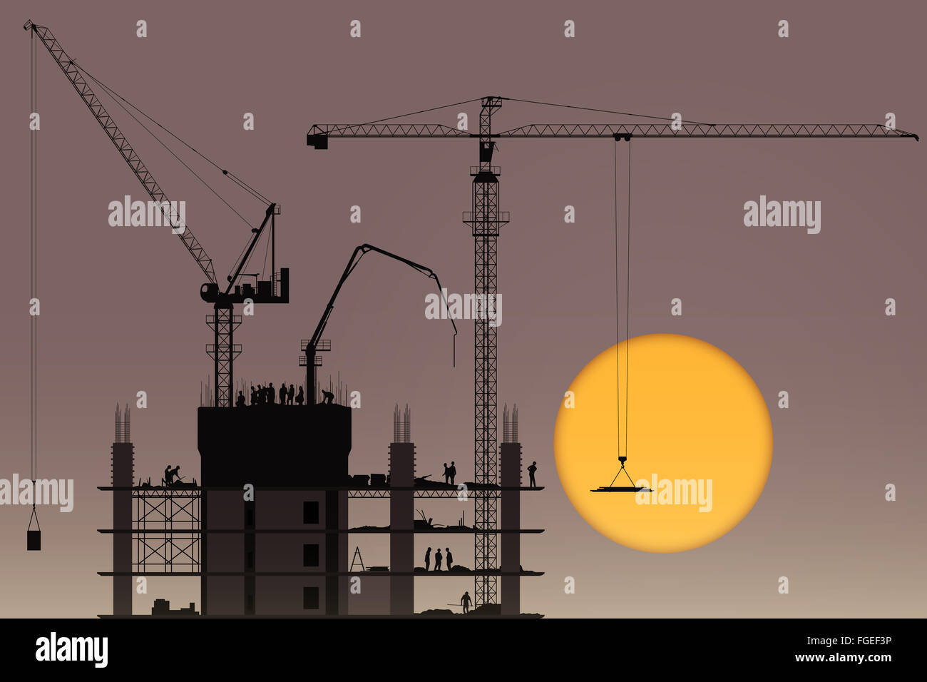 Eine Baustelle mit Turmdrehkranen und Sonnenuntergang, Sonnenaufgang Stockfoto