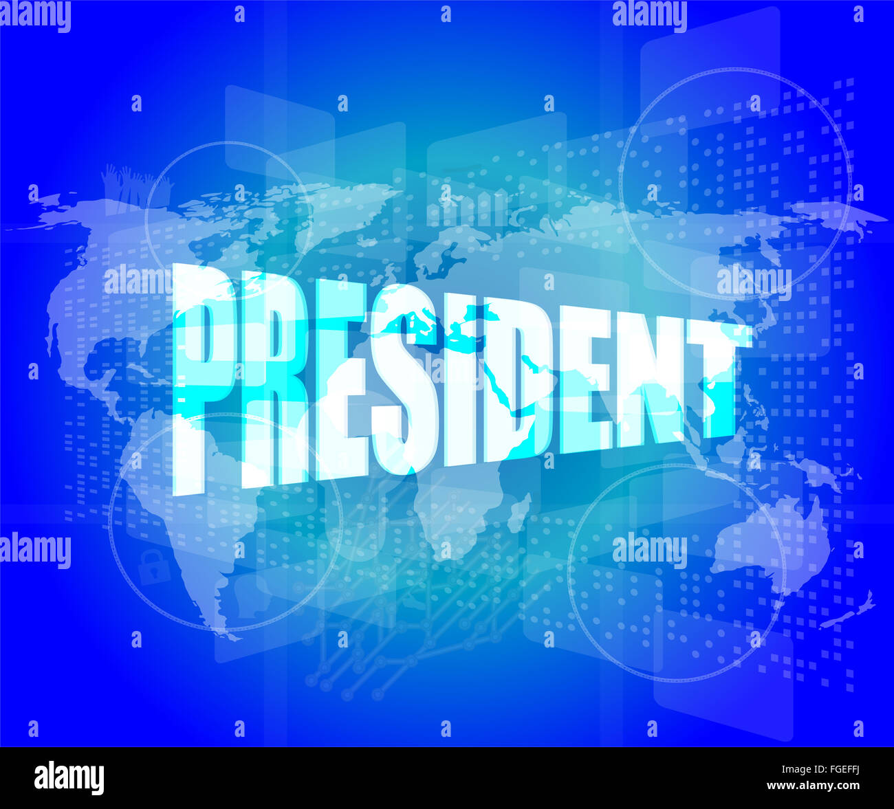 Worte des Präsidenten auf dem digitalen Bildschirm mit Weltkarte Stockfoto
