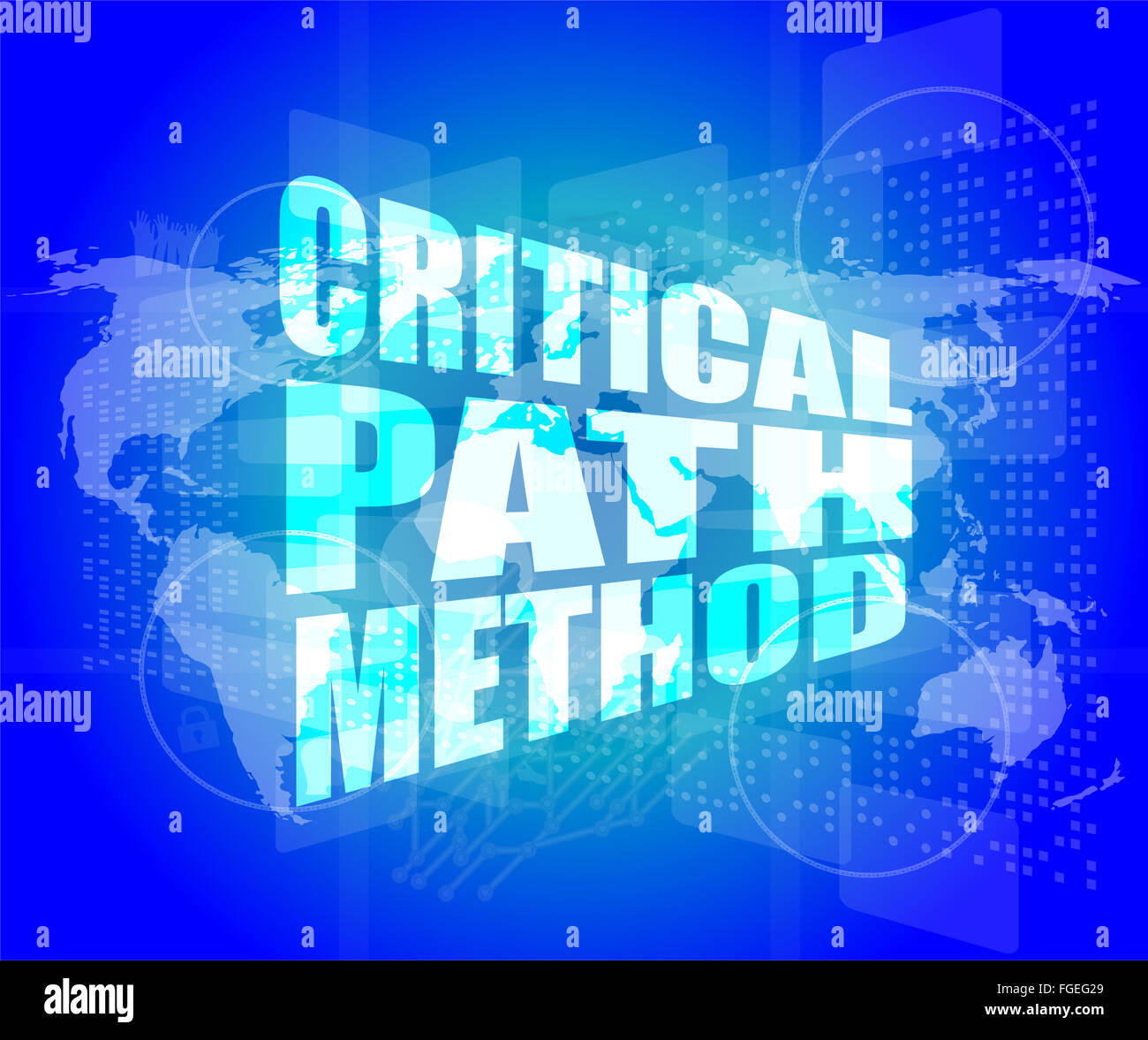 kritischer Pfad Methode Wörter auf digitalen Bildschirm mit Weltkarte Stockfoto