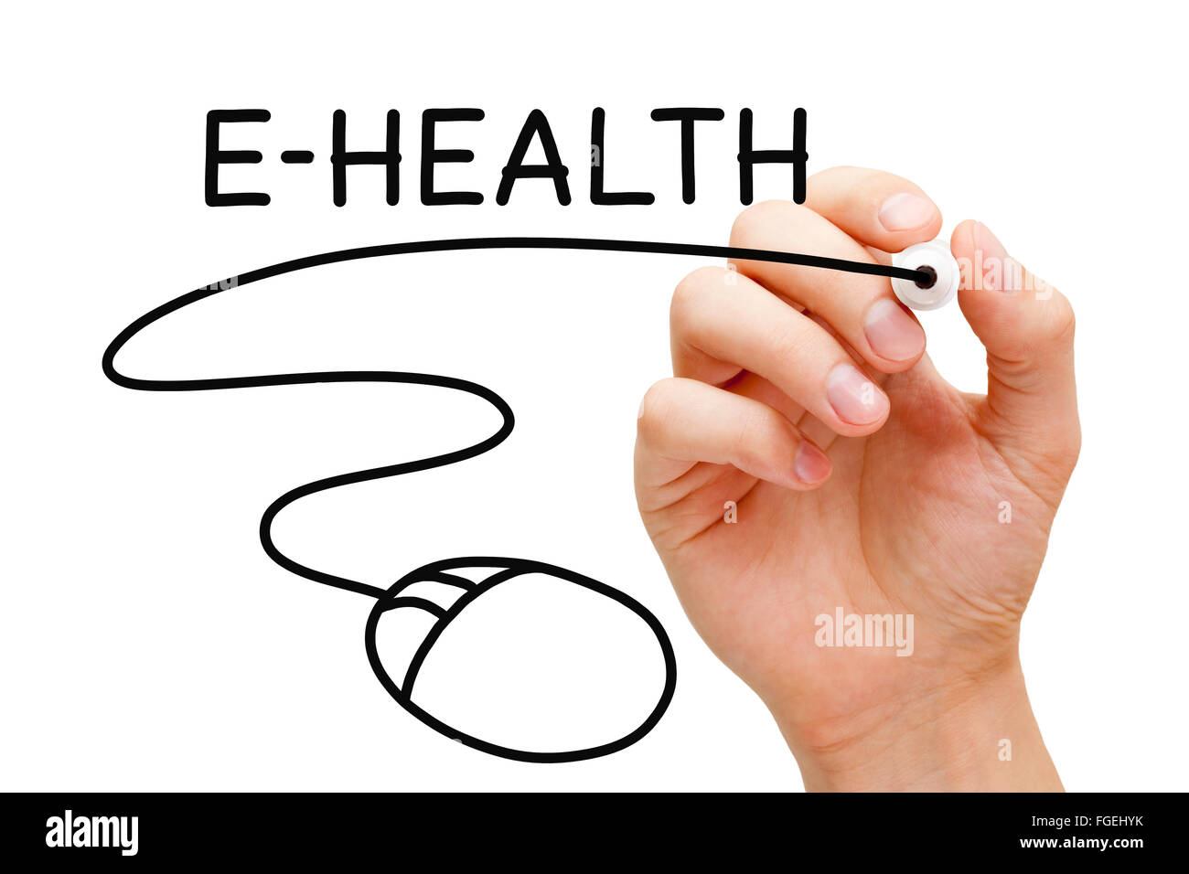 Handzeichnung Computer-Maus unter dem Wort E-Health mit schwarzem Filzstift auf transparente wischen. Stockfoto