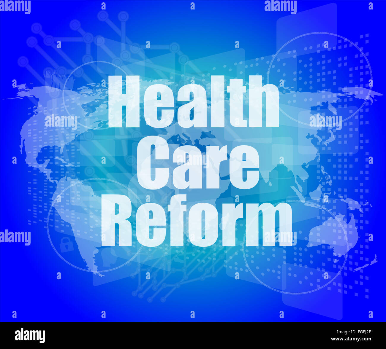 Reform des Gesundheitswesens Wort auf Touch-Screen, moderne virtuelle Technik-Hintergrund Stockfoto