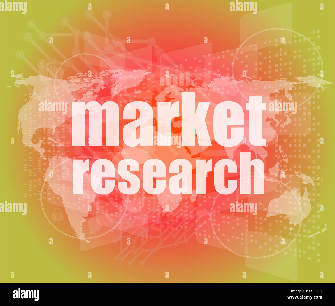Marktforschung-Wort auf Touch-Screen, moderne virtuelle Technik-Hintergrund Stockfoto