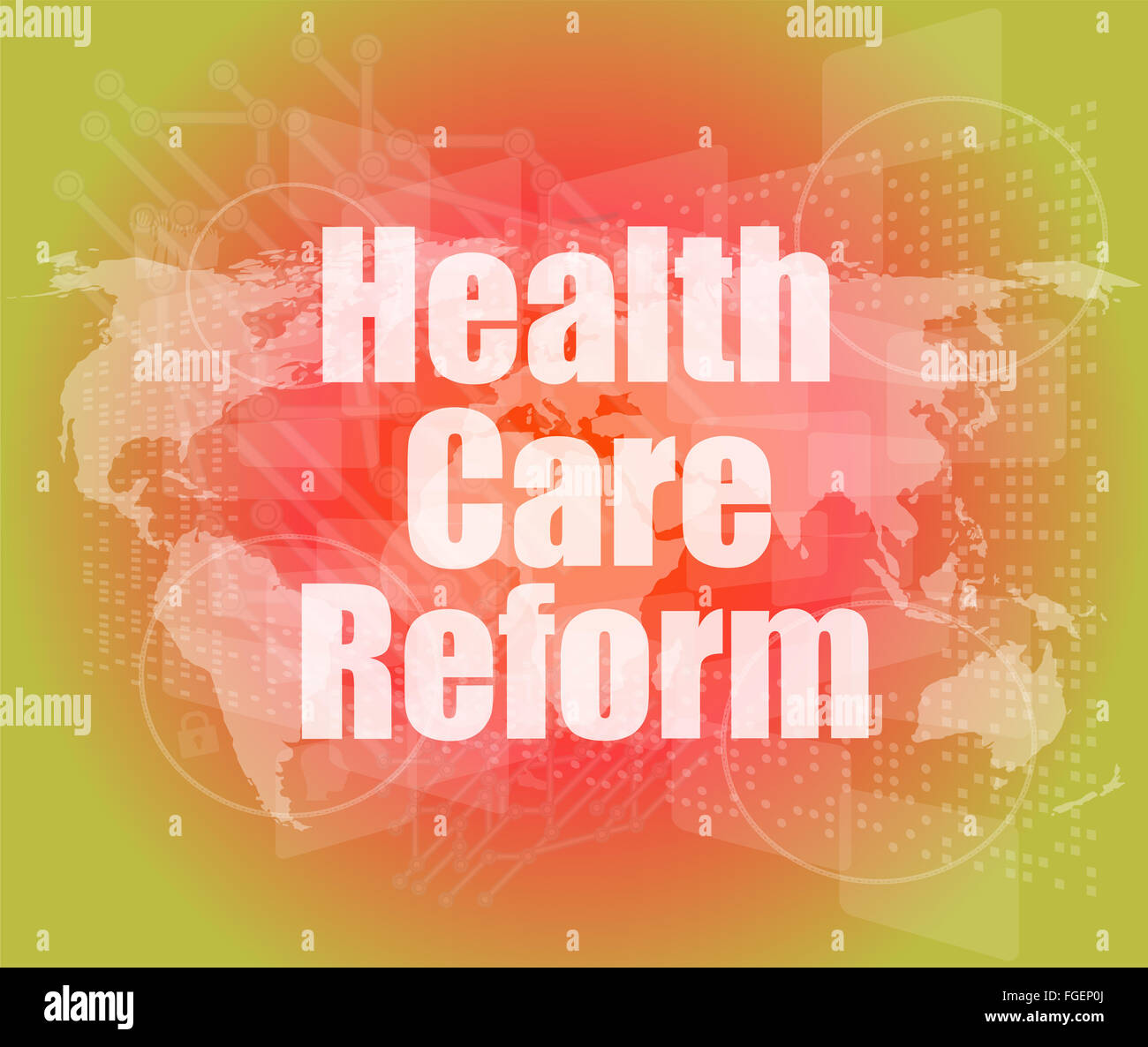 Reform des Gesundheitswesens Wort auf Touch-Screen, moderne virtuelle Technik-Hintergrund Stockfoto