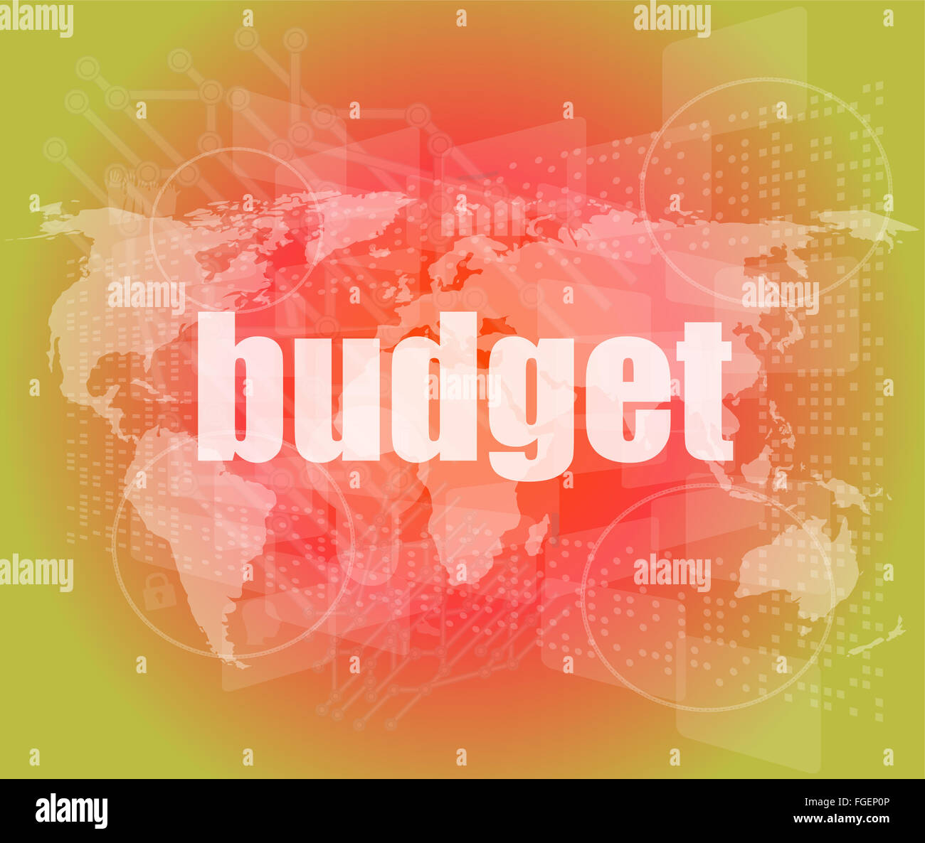 Budget-Wort auf Touch-Screen, moderne virtuelle Technik-Hintergrund Stockfoto