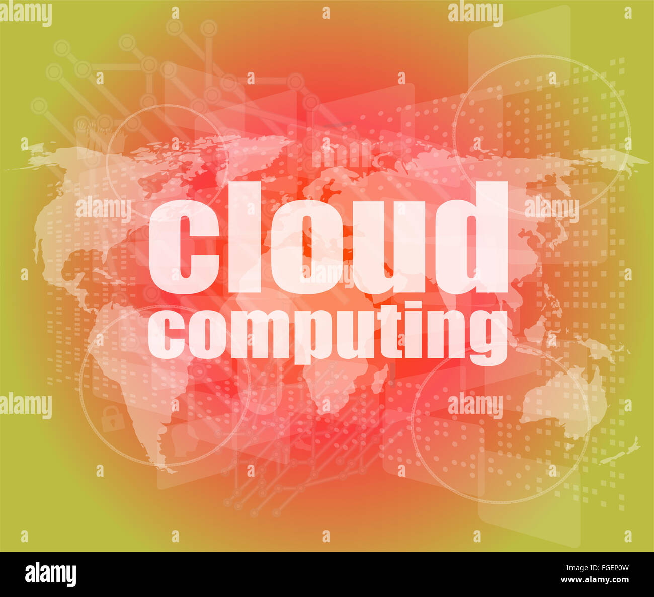 Cloud-computing Wort auf Touch-Screen, moderne virtuelle Technik-Hintergrund Stockfoto