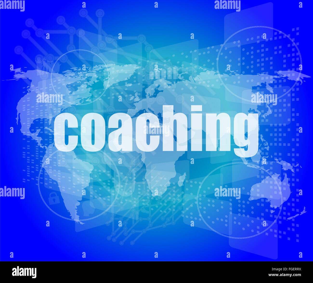 Coaching Wort auf Touch-Screen, moderne virtuelle Technik-Hintergrund Stockfoto