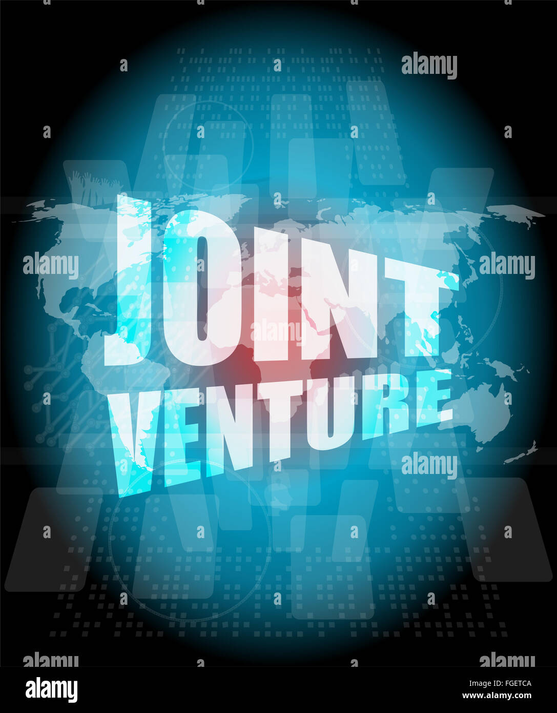 Joint Venture Wörter auf digitalen Bildschirmhintergrund mit Weltkarte Stockfoto