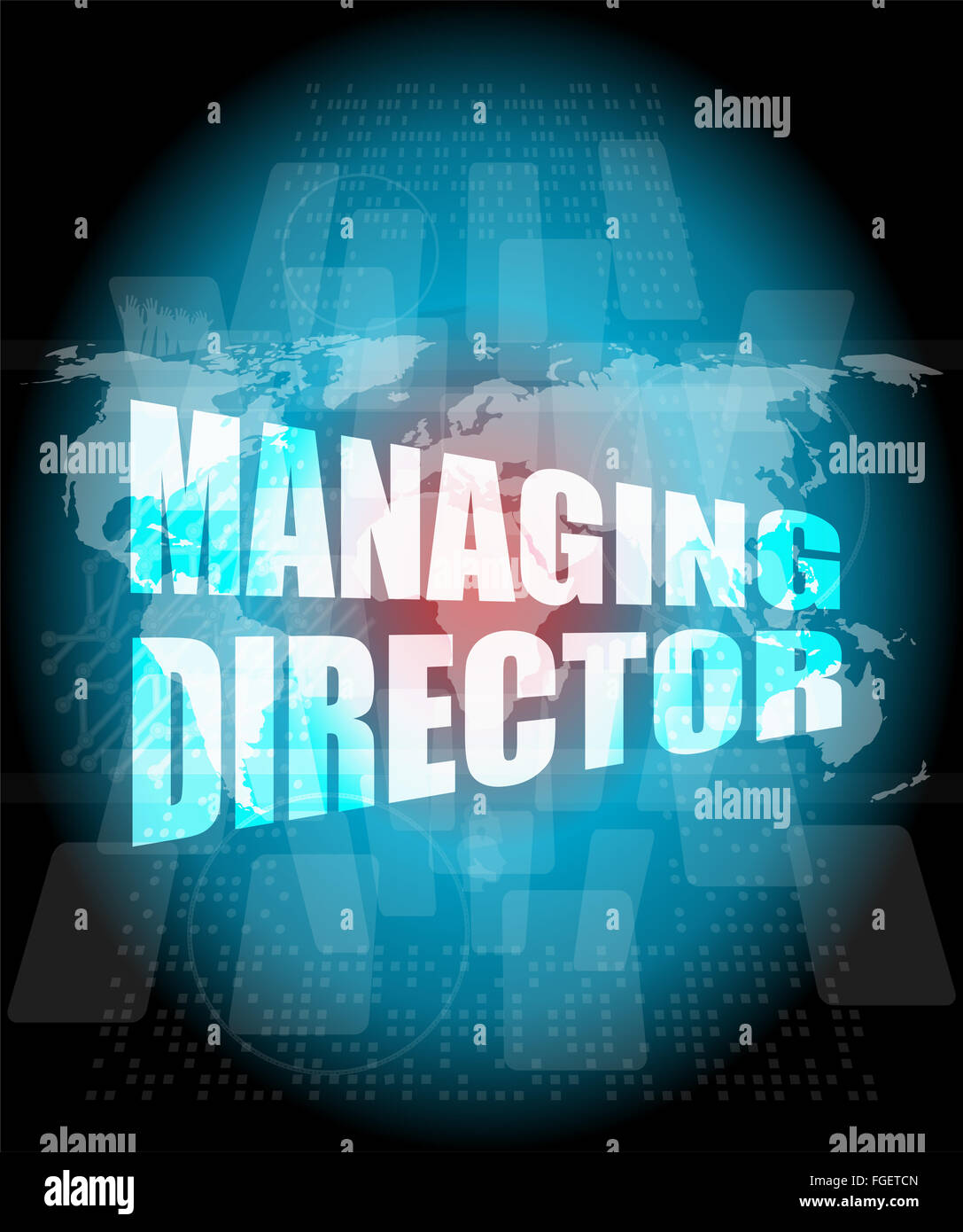 Managing Directors Wörter auf digitalen Bildschirmhintergrund mit Weltkarte Stockfoto