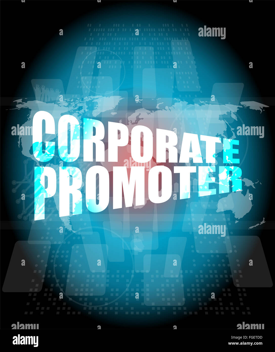 Corporate Promotor Wörter auf digitalen Bildschirm mit Weltkarte Stockfoto
