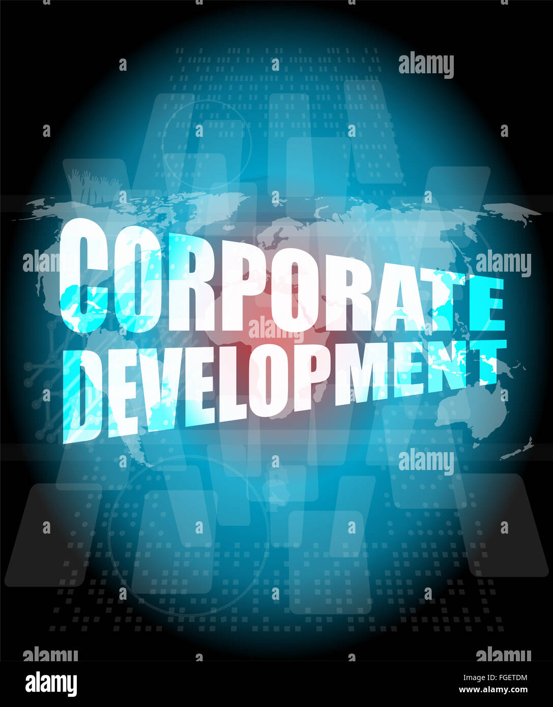 Unternehmensentwicklung Wörter auf digitalen Bildschirm mit Weltkarte Stockfoto