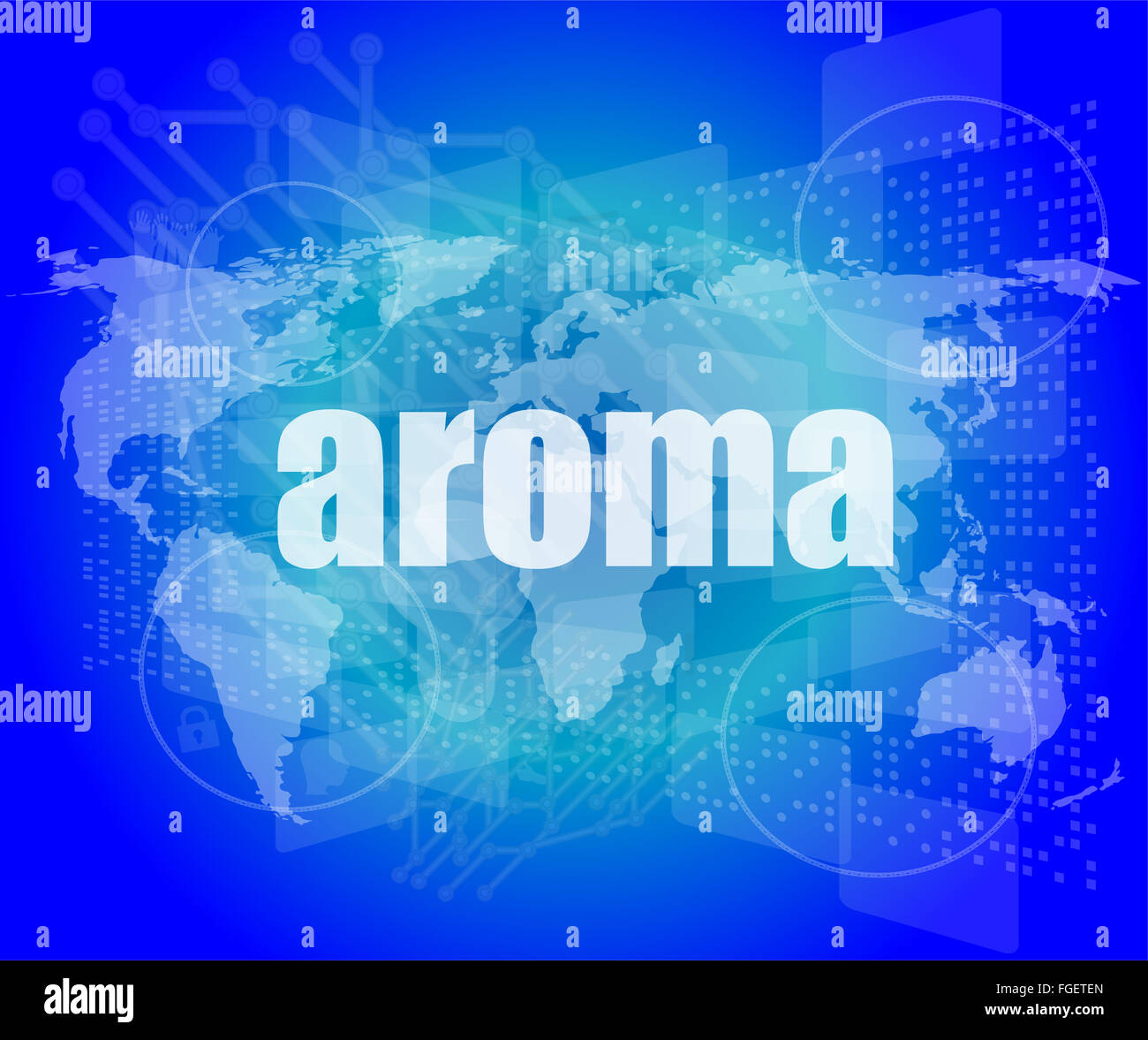 Aroma-Wort auf dem digitalen Bildschirm, Missionskontrolle Hallo Interfacetechnik Stockfoto