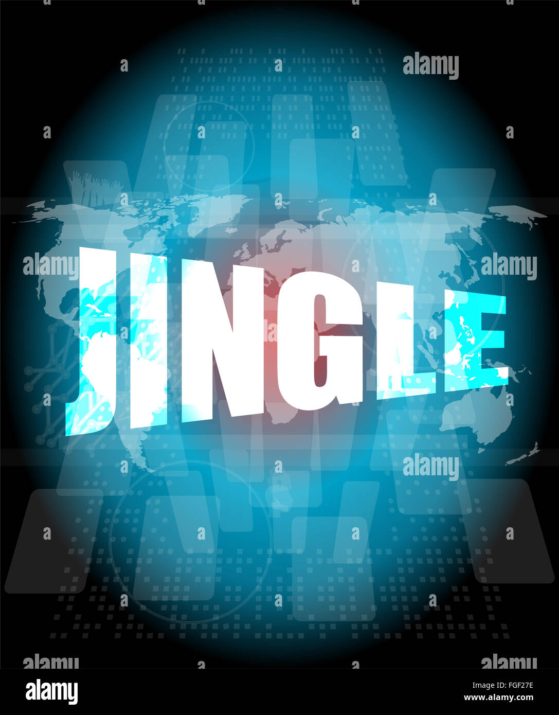 Jingle-Wort auf digitalen Bildschirmhintergrund mit Weltkarte Stockfoto