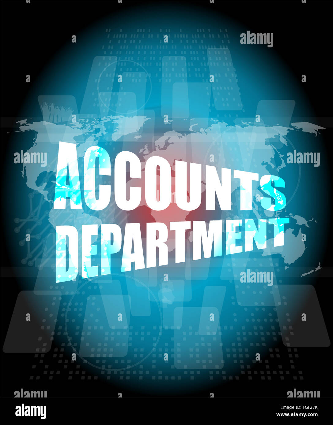 Konten-Abteilungen Wörter auf digitalen Bildschirmhintergrund mit Weltkarte Stockfoto