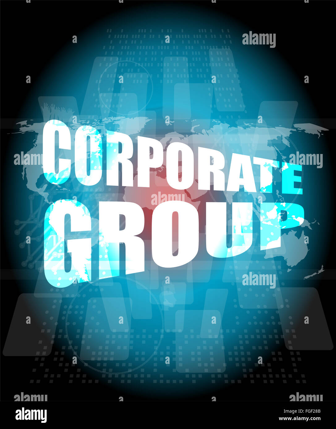 Unternehmensgruppe Wörter auf digitalen Bildschirm mit Weltkarte Stockfoto