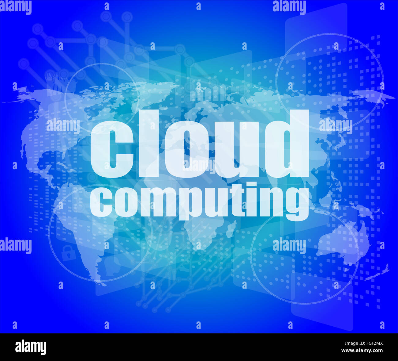 Cloud-computing Wort auf Touch-Screen, moderne virtuelle Technik-Hintergrund Stockfoto