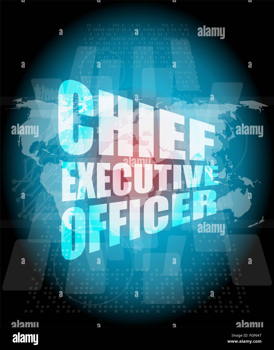 Chief Executive Officer Wörter auf digitalen Bildschirmhintergrund mit Weltkarte Stockfoto