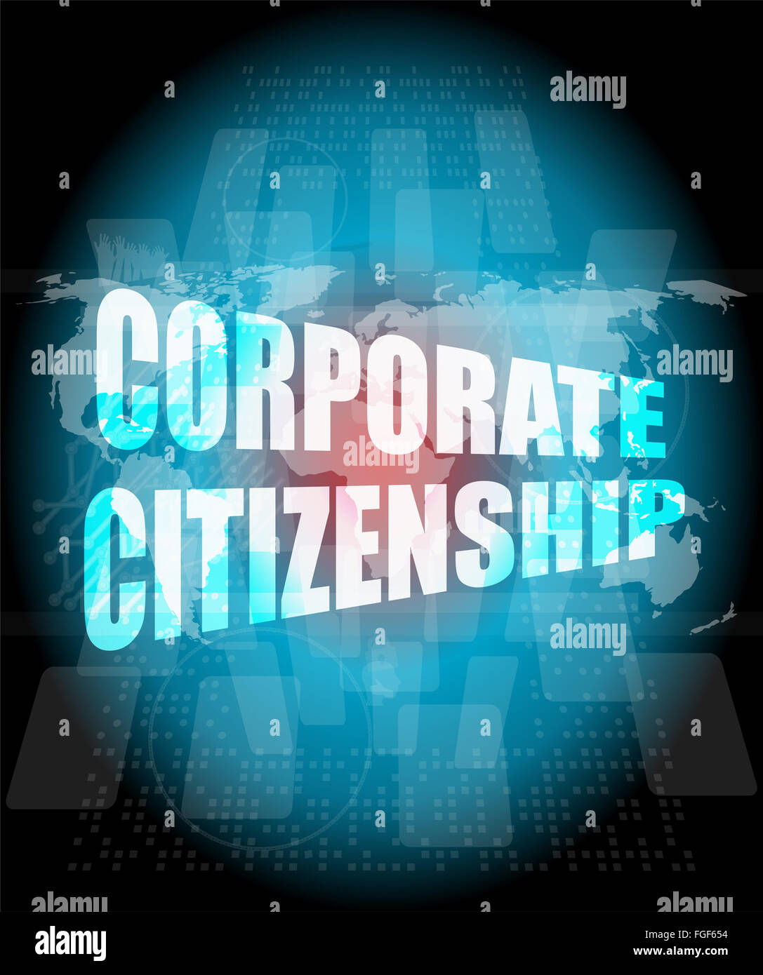 Corporate-Citizenship-Wörter auf dem digitalen Bildschirm mit Weltkarte Stockfoto