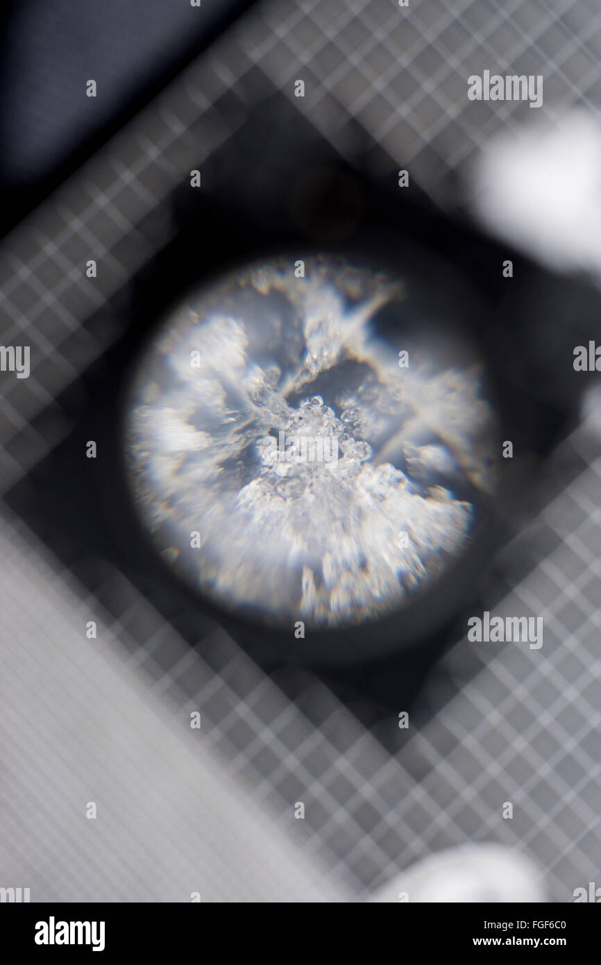Schneekristalle betrachten mit Lupe Schneedecke zu analysieren und messen die Sicherheit Stockfoto