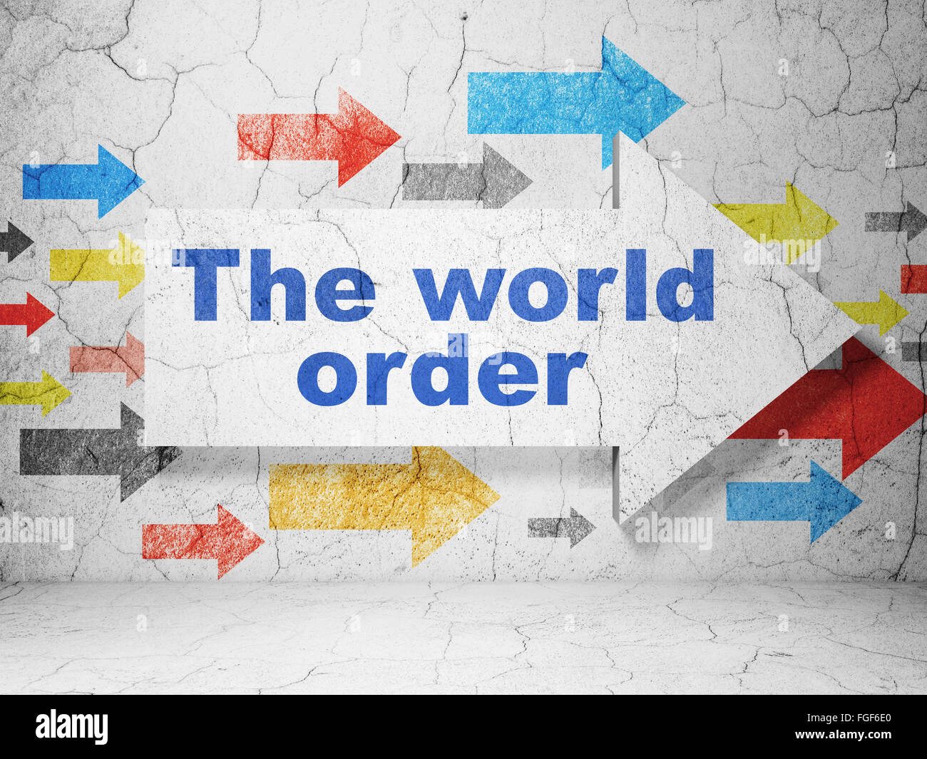Politisches Konzept: Pfeil mit The World Order auf Grunge-Wand-Hintergrund Stockfoto
