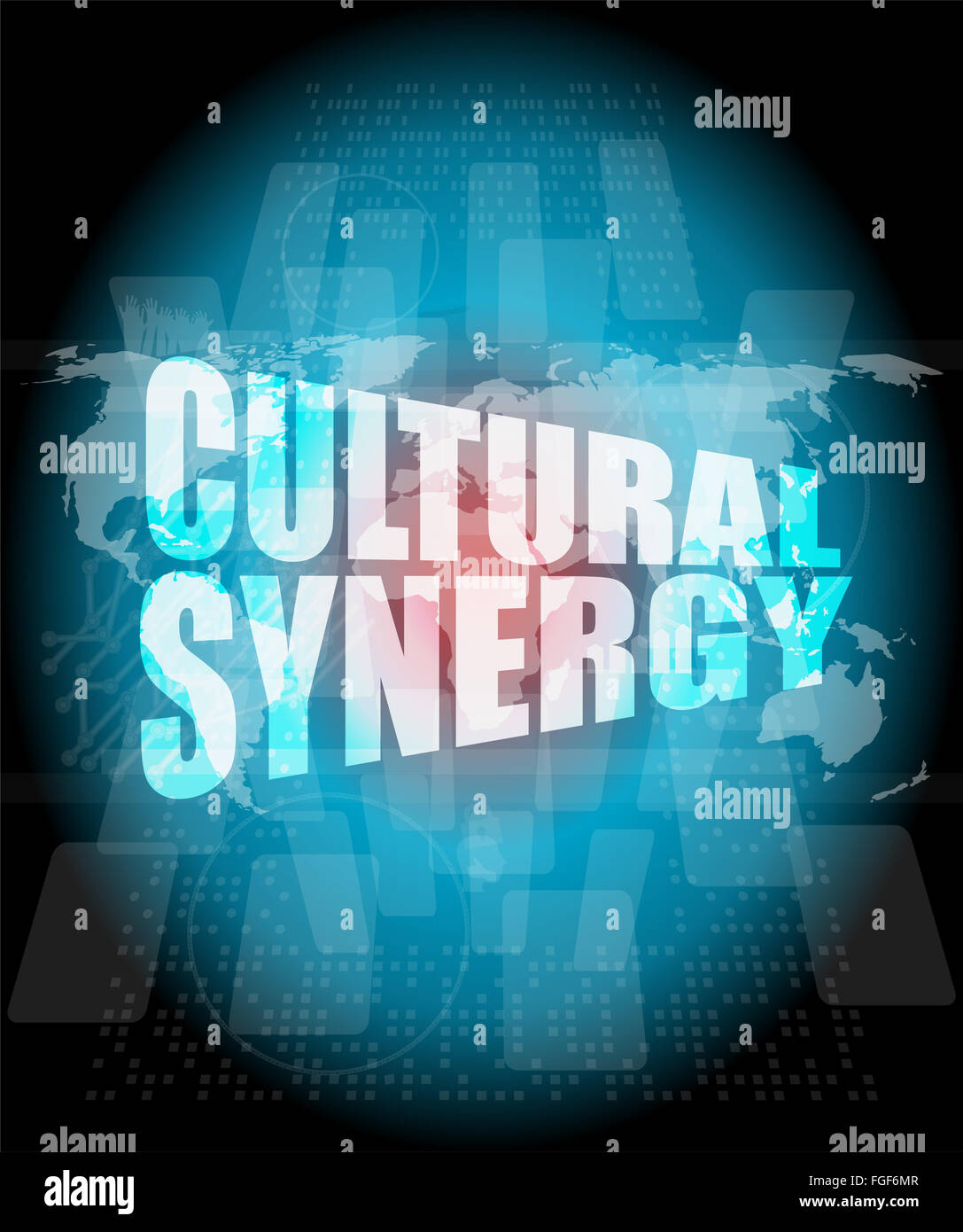 kulturellen Synergie Wörter auf digitalen Bildschirm mit Weltkarte Stockfoto