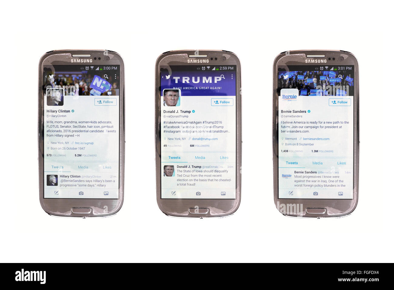Amerikanische Politiker twitter-Konten auf Smartphone Bildschirmen vor weißem Hintergrund fotografiert. Stockfoto