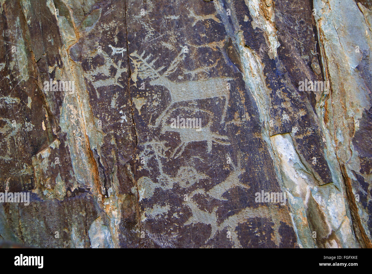 Silhouetten von Menschen und Tieren, die auf den Felsen von Naturvölkern, Petroglyphen, Felszeichnungen geschnitzt Stockfoto