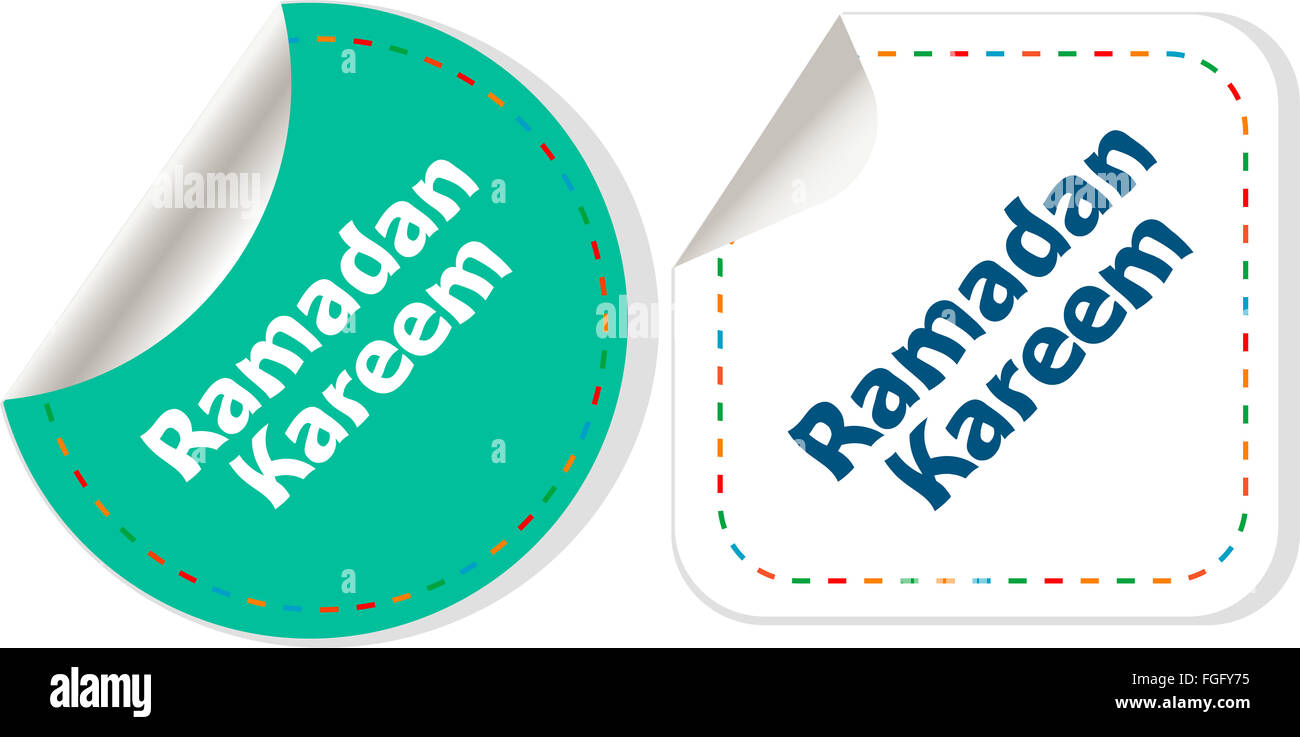 Arabisch-islamische Kalligraphie Text Ramadan Kareem Aufkleber label Tag Satz isoliert auf weiss Stockfoto
