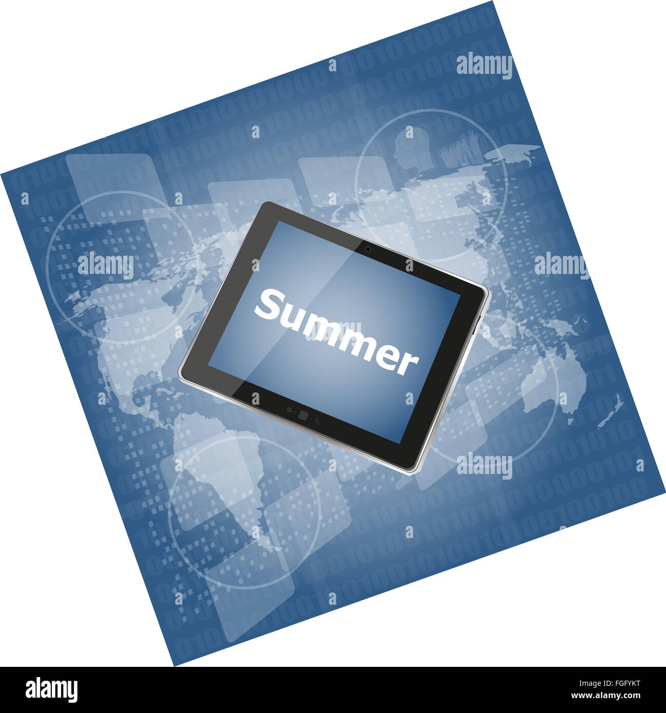 Sommer-Wort auf Tablet-pc-Bildschirm, digital Touchscreen, Ferienkonzept, Sommercard Stockfoto