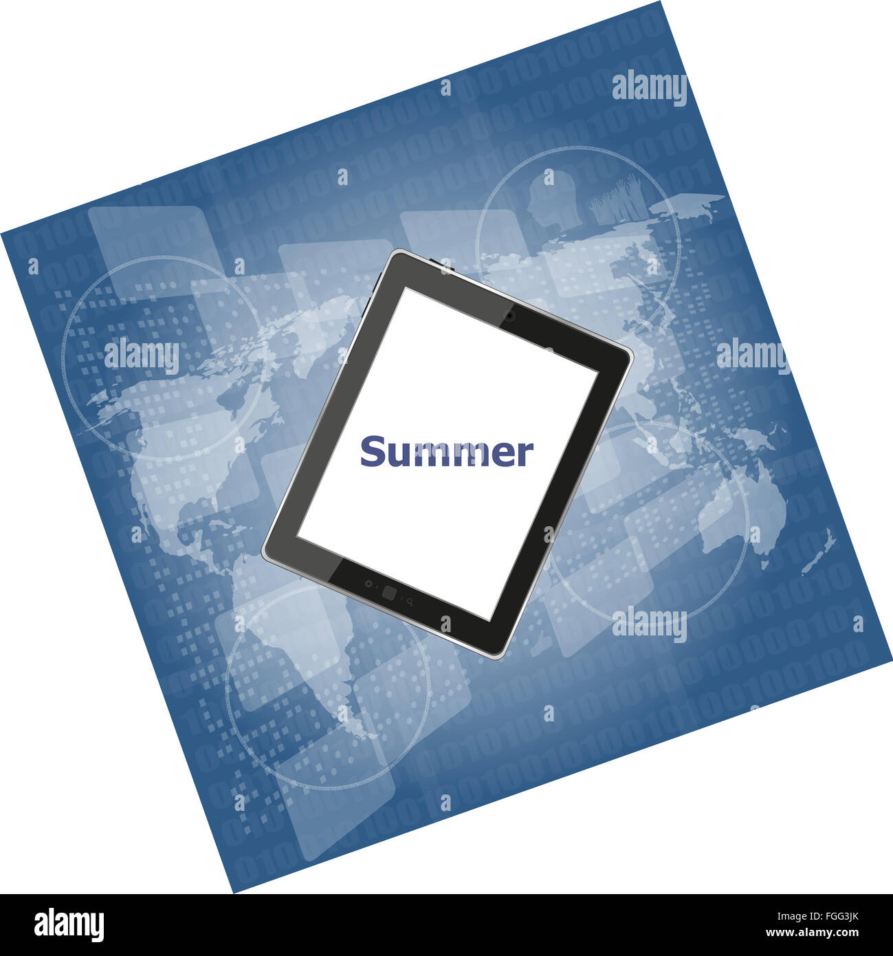 Sommer-Wort auf Tablet-pc-Bildschirm, digital Touchscreen, Ferienkonzept, Sommercard Stockfoto