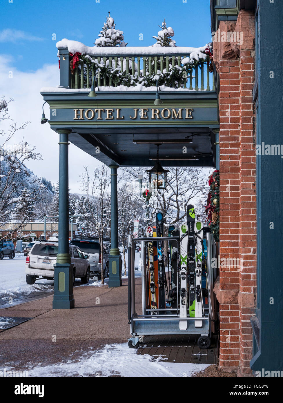 Außen, Hotel Jerome im Winter, Aspen, Colorado. Stockfoto