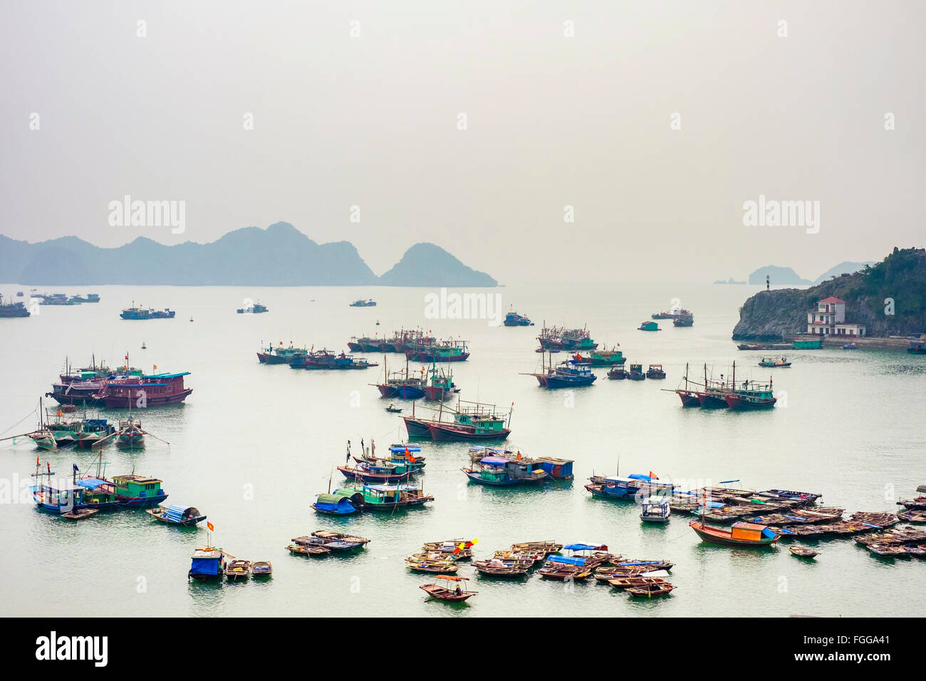 Boote im Hafen auf Cat Ba Island, Vietnam Stockfoto