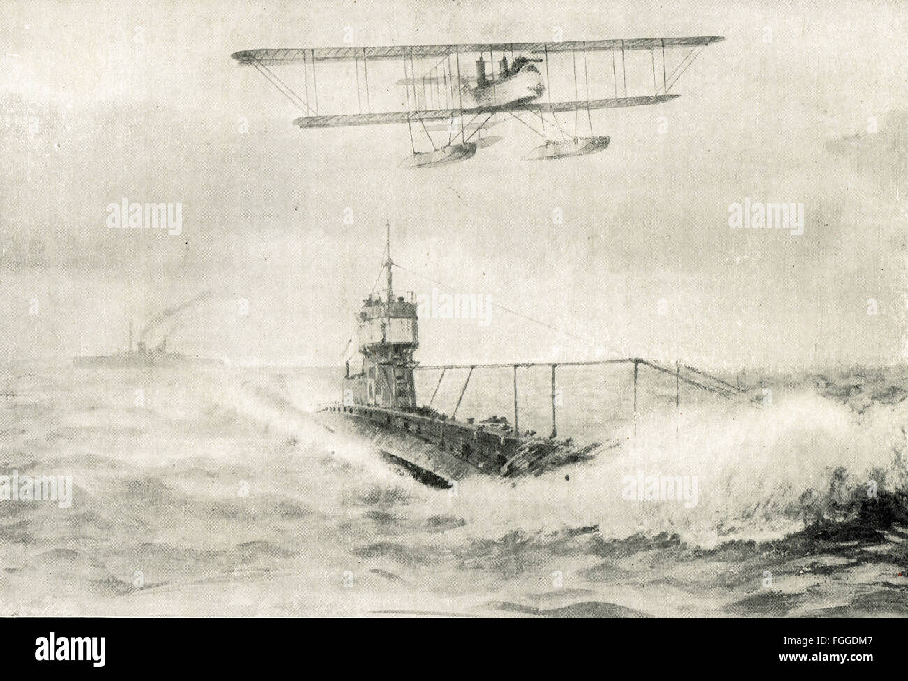 WW1 Wasserflugzeug & u-Boot Meer Szene Stockfoto