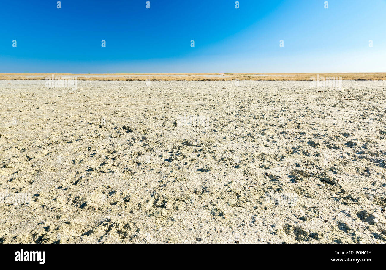 Makgadikgadi Pan Salinen unter einem großen blauen Himmel in Botswana, Afrika Stockfoto