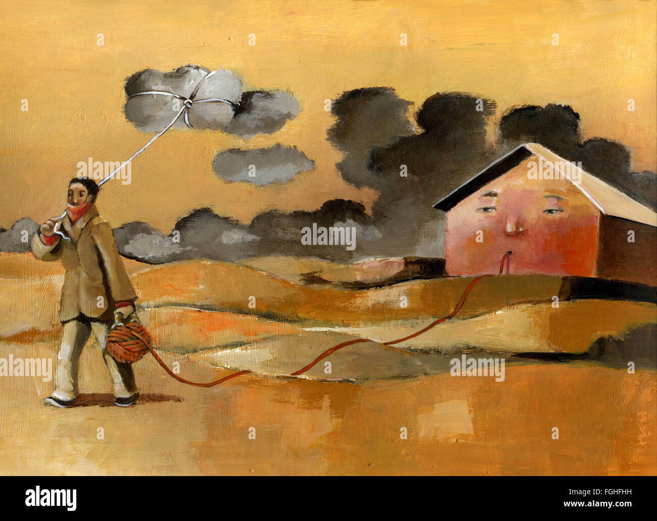 ein Mann verlässt sein Haus bleiben von einem roten Faden aus Wolle verbunden und nimmt eine Wolke wie ein Drachen Stockfoto