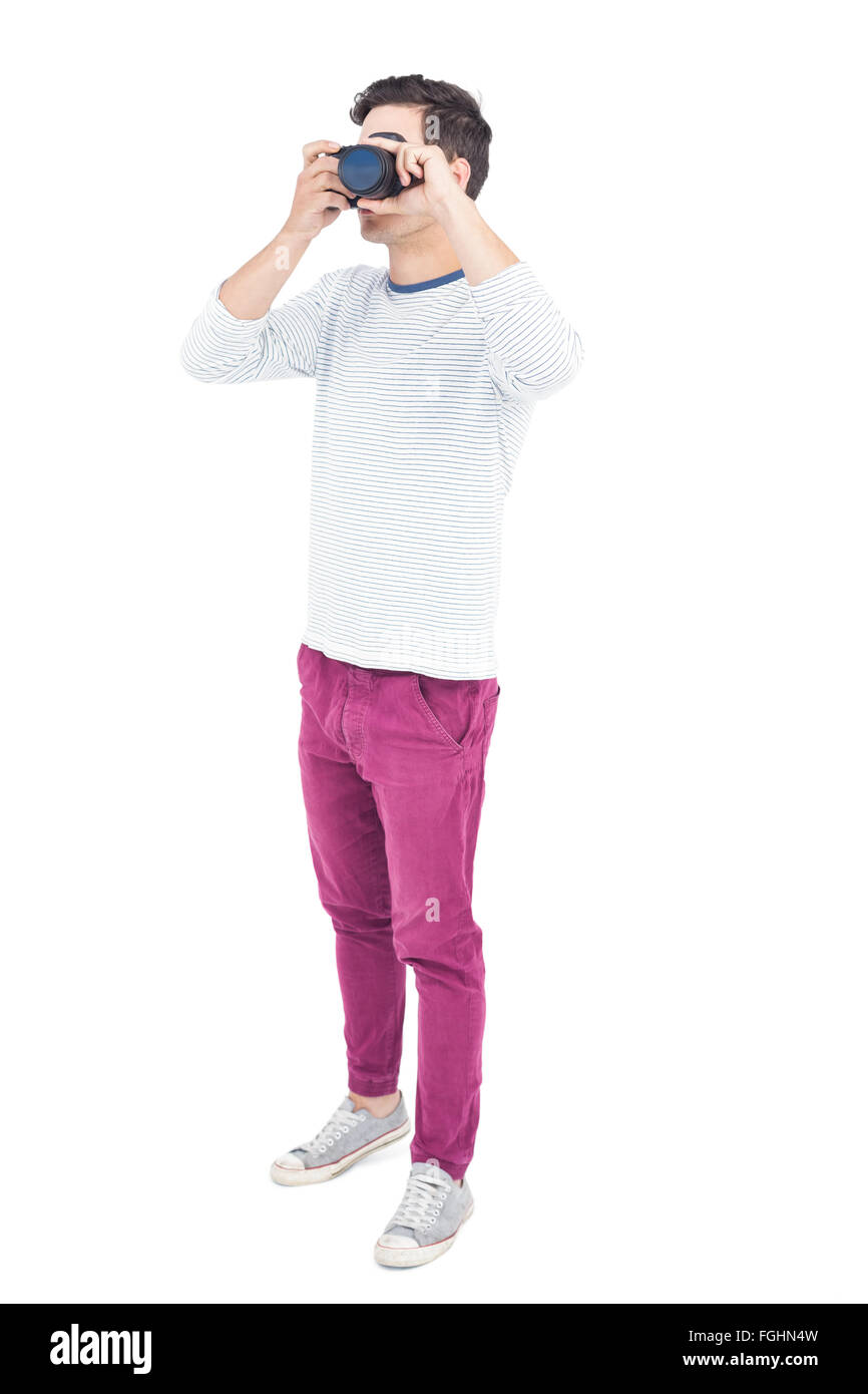 Mann unter Bild mit Profikamera Stockfoto