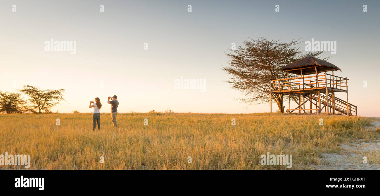 Ein junges Paar lange Gras stehen und Fotos von Sonnenuntergang Weile auf Safari in die Makgadikgadi Salzpfannen, Botswana, Afrika Stockfoto
