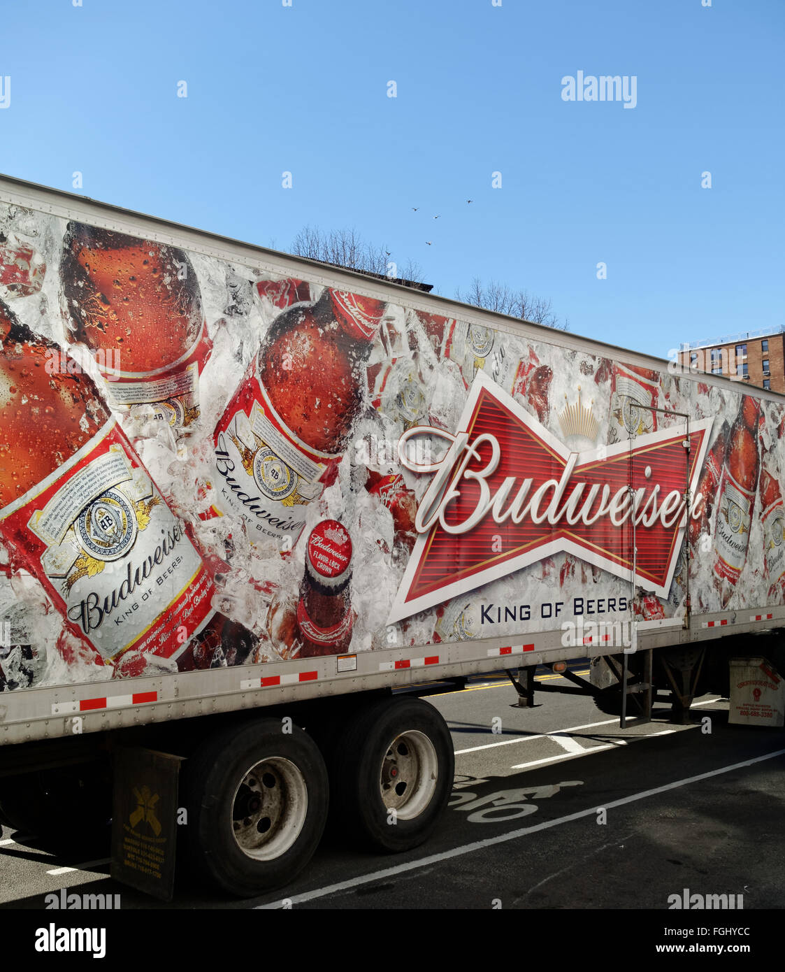 Große LKW mit Budweiser Werbung. Stockfoto
