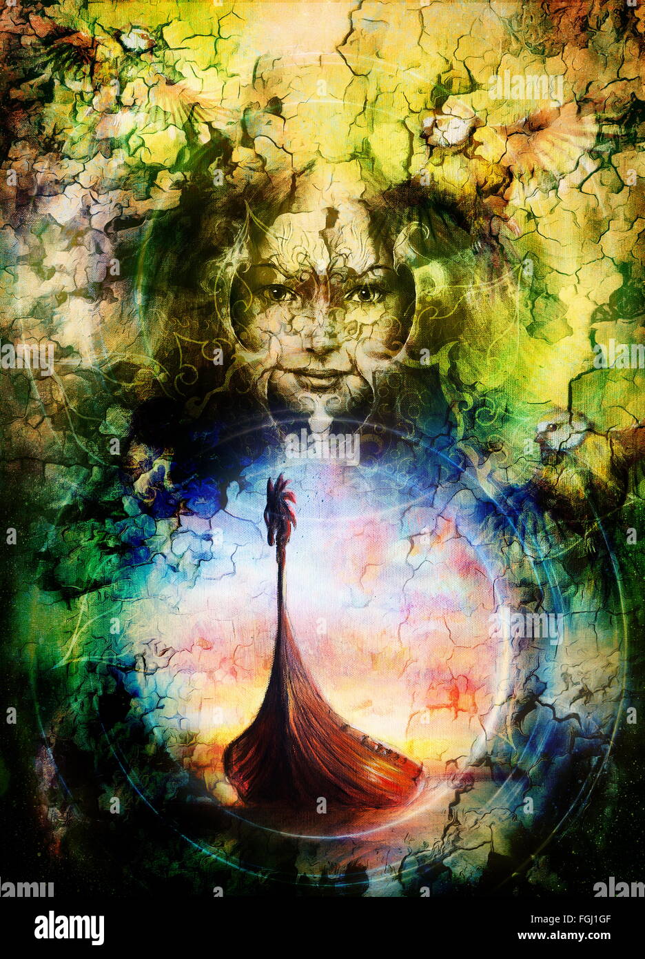 Göttin Frau mit Vogel und orientalische ornamentale Mandala und Farbe Hintergrund. Original Malerei Collage. Augenkontakt Stockfoto