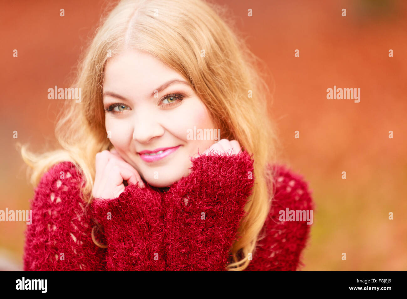 Porträt von atemberaubenden ziemlich lächelnd modebewusste Frau im Herbst Waldpark. Glücklich wunderschöne junge Mädchen in braunen Pullover Pullover. Stockfoto