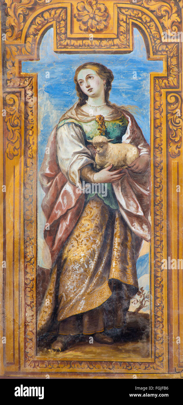 GRANADA, Spanien - 29. Mai 2015: Das barocke Fresko der frühen christlichen Jungfrau – Märtyrer St. Agnese von Juan de Medina ab 18. cent Stockfoto
