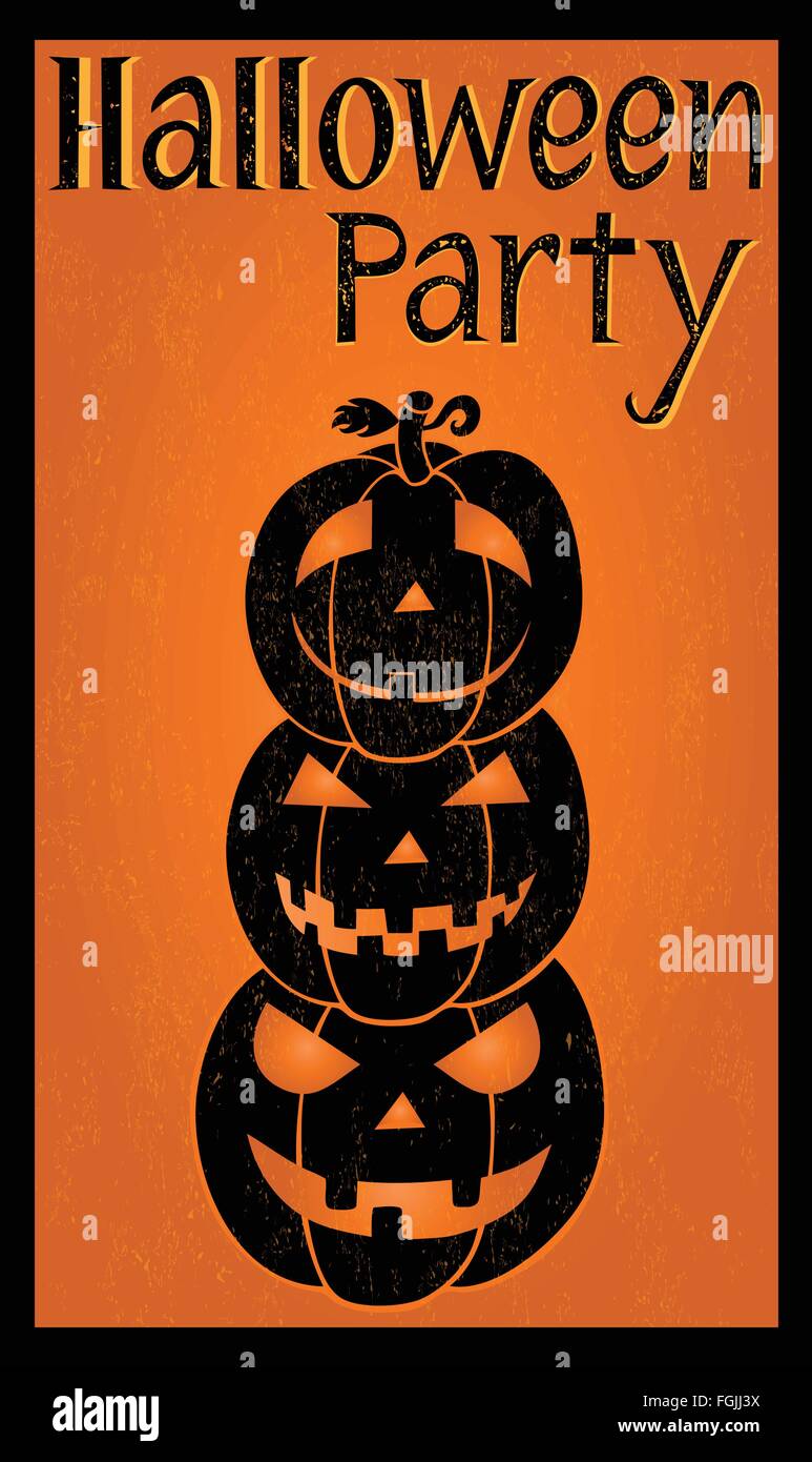 Halloween Party Postkarte mit drei Kürbisse auf orangem Hintergrund Stock Vektor